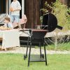 Barrel Charcoal Grill with Wood-Painted Side and Front Table, for Picnic, Camping, Patio Backyard Cooking in Black