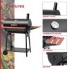 Barrel Charcoal Grill with Wood-Painted Side and Front Table, for Picnic, Camping, Patio Backyard Cooking in Black