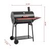 Barrel Charcoal Grill with Wood-Painted Side and Front Table, for Picnic, Camping, Patio Backyard Cooking in Black