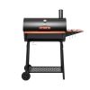 Barrel Charcoal Grill with Wood-Painted Side and Front Table, for Picnic, Camping, Patio Backyard Cooking in Black