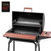 Barrel Charcoal Grill with Wood-Painted Side and Front Table, for Picnic, Camping, Patio Backyard Cooking in Black