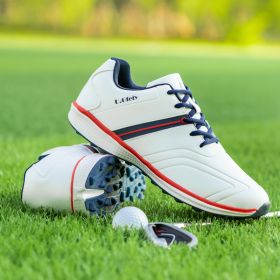 Professional Men's Golf Shoes Waterproof Non-slip Fixed Studs Leather Outdoor Leisure Golf Training Shoes (Color: White blue, size: EUR41-US8)