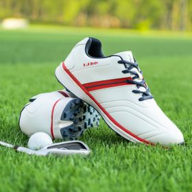 Professional Men's Golf Shoes Waterproof Non-slip Fixed Studs Leather Outdoor Leisure Golf Training Shoes (Color: White red, size: EUR41.5-US8.5)